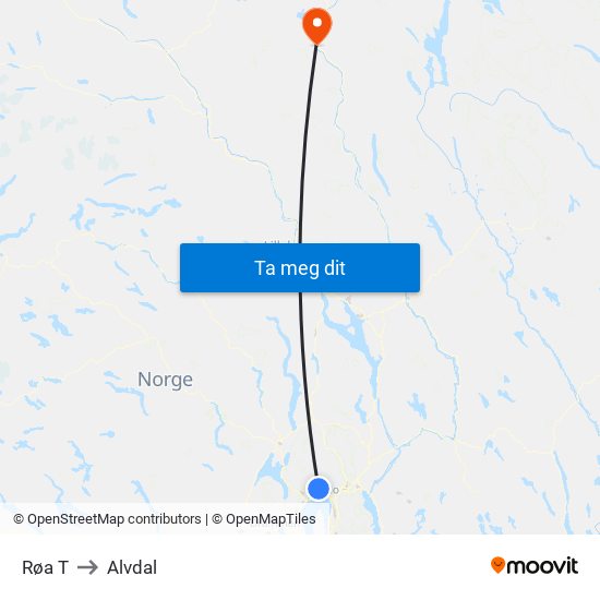 Røa T to Alvdal map