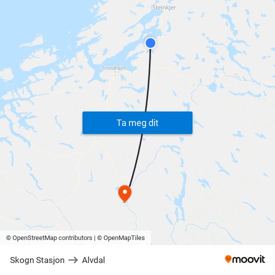 Skogn Stasjon to Alvdal map