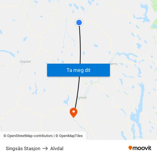 Singsås Stasjon to Alvdal map