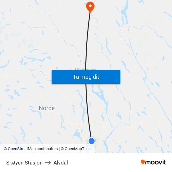 Skøyen Stasjon to Alvdal map