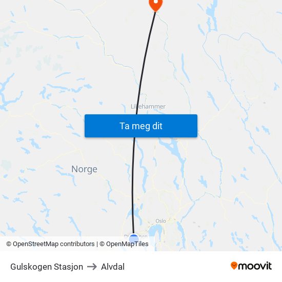 Gulskogen Stasjon to Alvdal map