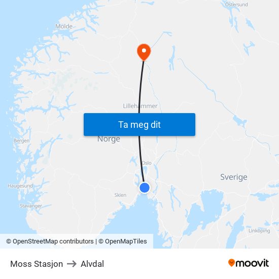 Moss Stasjon to Alvdal map