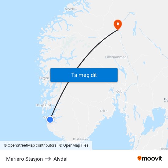 Mariero Stasjon to Alvdal map