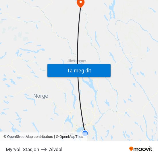 Myrvoll Stasjon to Alvdal map