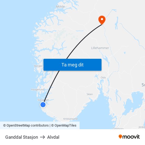 Ganddal Stasjon to Alvdal map
