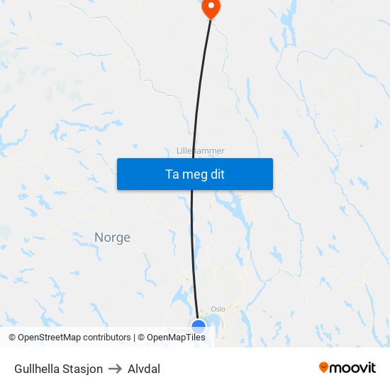 Gullhella Stasjon to Alvdal map