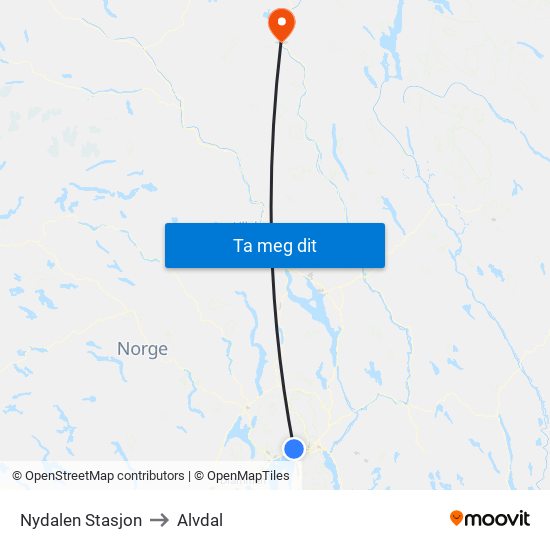 Nydalen Stasjon to Alvdal map