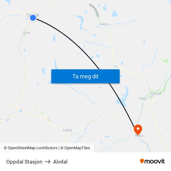 Oppdal Stasjon to Alvdal map