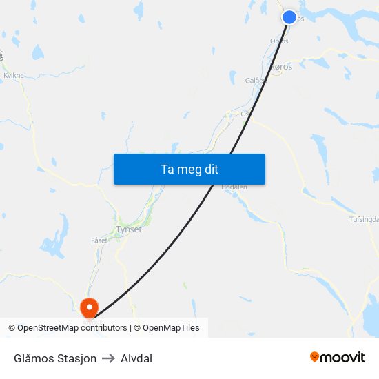 Glåmos Stasjon to Alvdal map