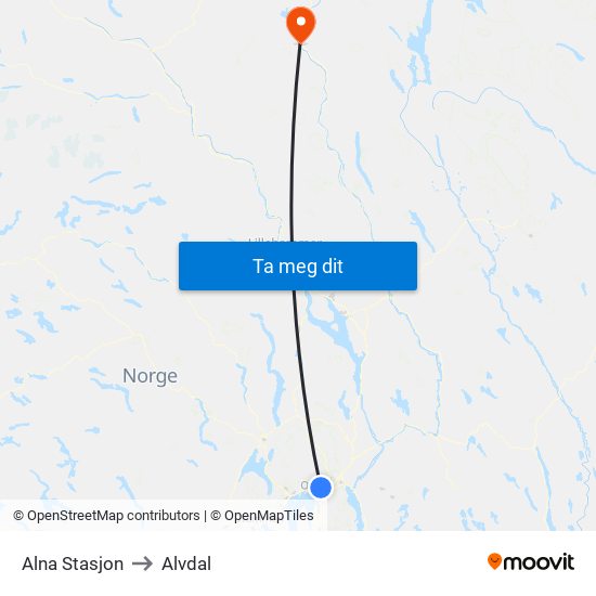Alna Stasjon to Alvdal map