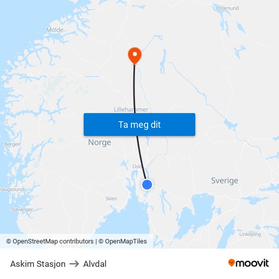 Askim Stasjon to Alvdal map