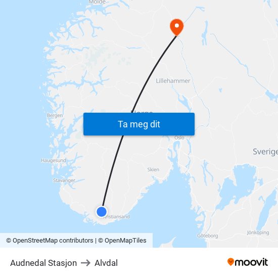 Audnedal Stasjon to Alvdal map