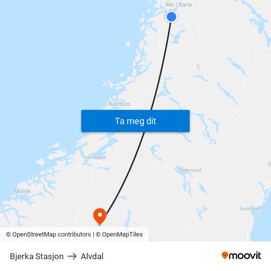 Bjerka Stasjon to Alvdal map