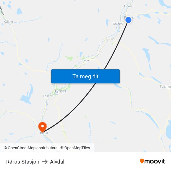 Røros Stasjon to Alvdal map