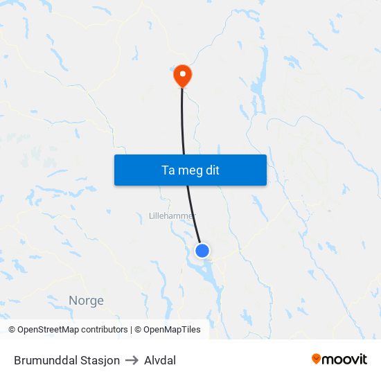 Brumunddal Stasjon to Alvdal map