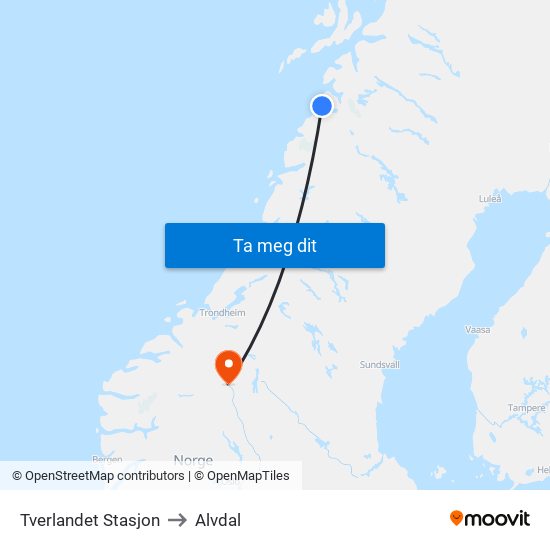 Tverlandet Stasjon to Alvdal map