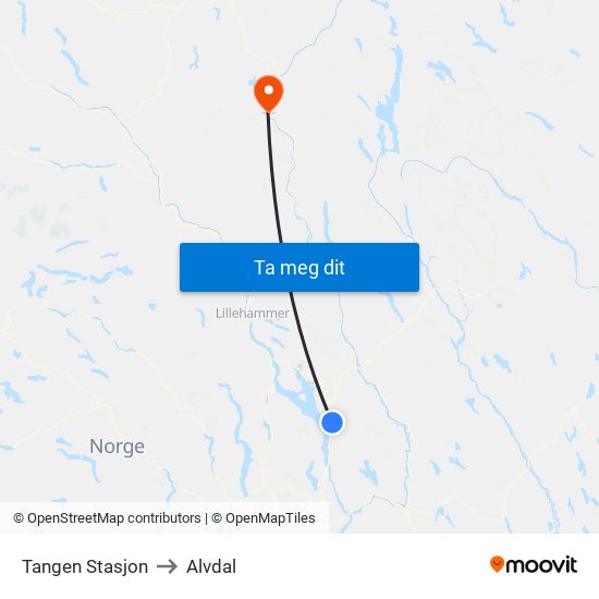 Tangen Stasjon to Alvdal map