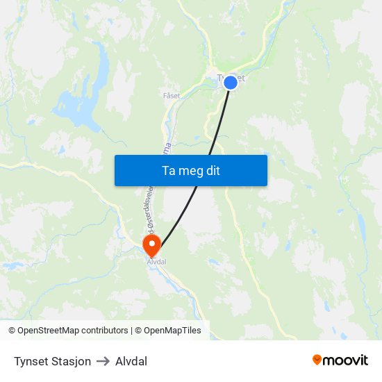 Tynset Stasjon to Alvdal map