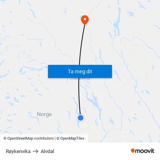 Røykenvika to Alvdal map