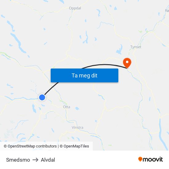 Smedsmo to Alvdal map