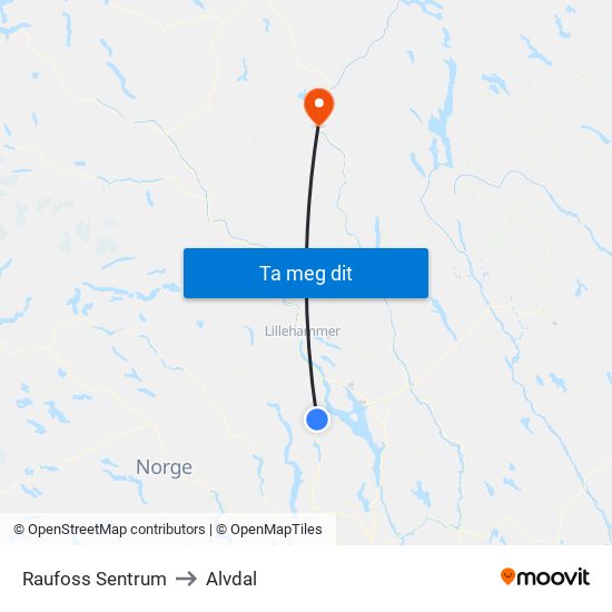 Raufoss Sentrum to Alvdal map