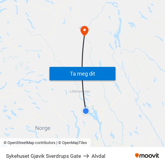 Sykehuset Gjøvik Sverdrups Gate to Alvdal map