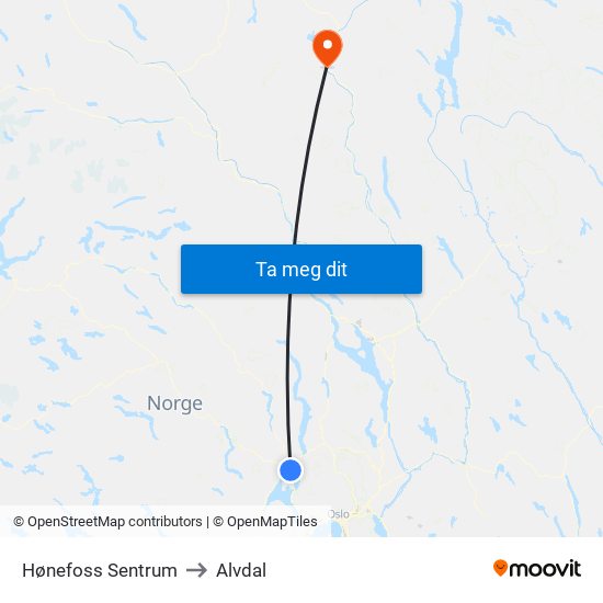 Hønefoss Sentrum to Alvdal map