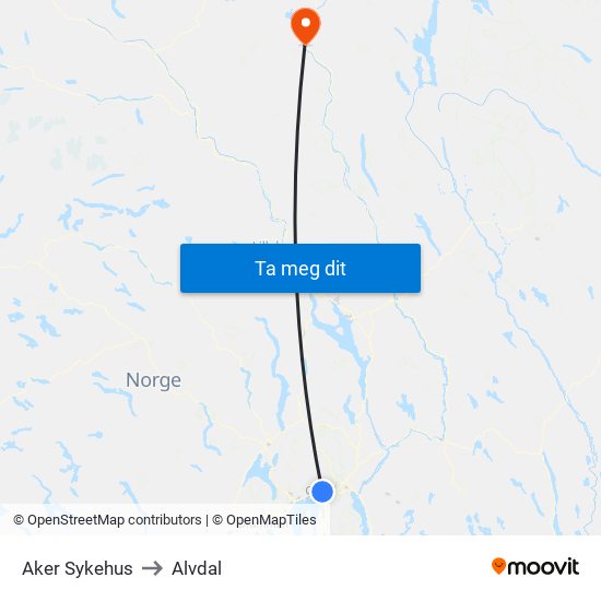 Aker Sykehus to Alvdal map