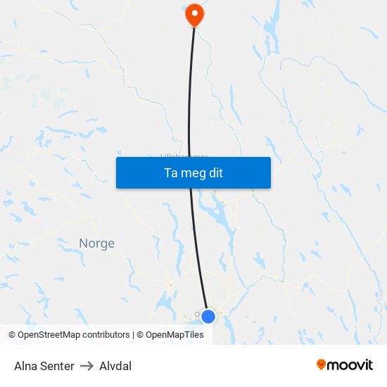 Alna Senter to Alvdal map