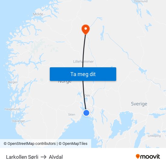 Larkollen Sørli to Alvdal map