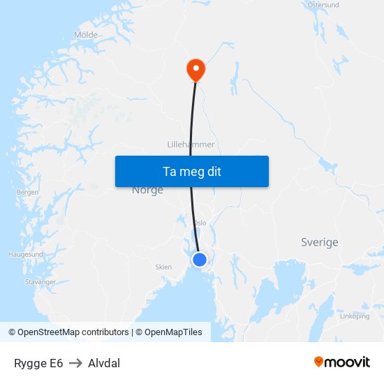 Rygge E6 to Alvdal map