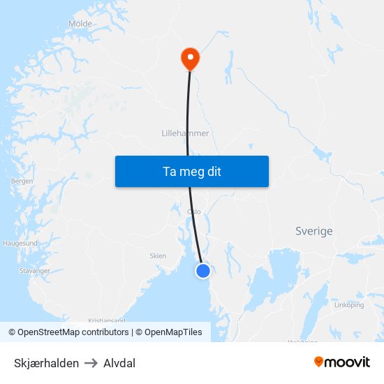 Skjærhalden to Alvdal map