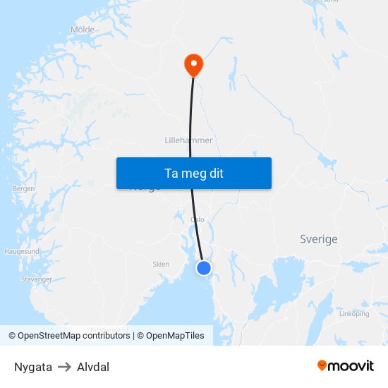 Nygata to Alvdal map