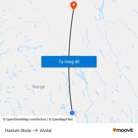 Haslum Skole to Alvdal map