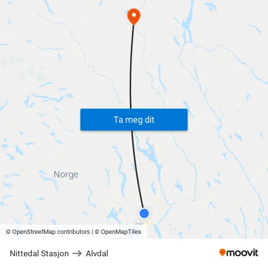 Nittedal Stasjon to Alvdal map