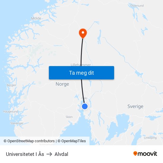 Universitetet I Ås to Alvdal map