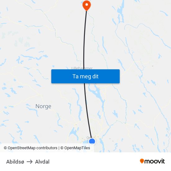Abildsø to Alvdal map