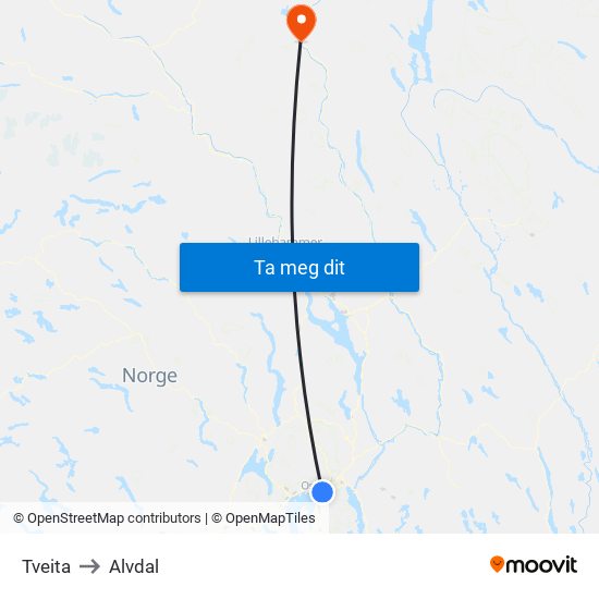 Tveita to Alvdal map