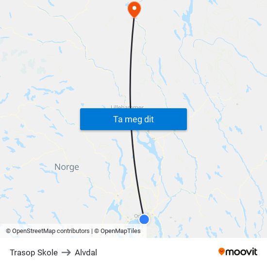Trasop Skole to Alvdal map