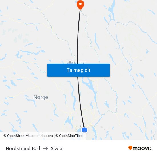 Nordstrand Bad to Alvdal map