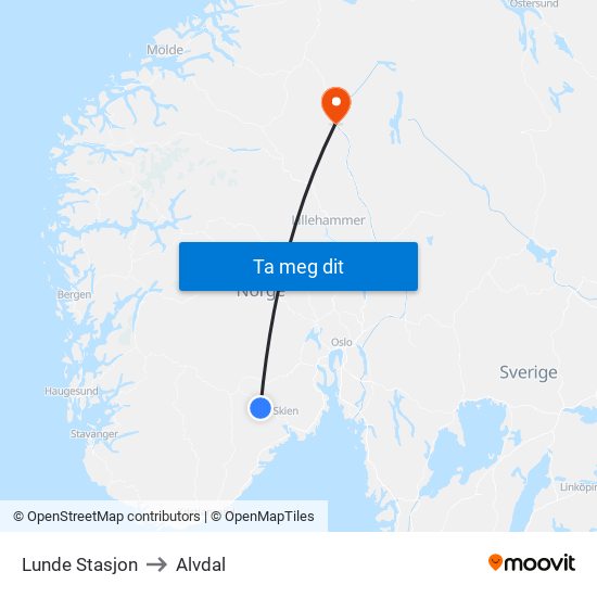 Lunde Stasjon to Alvdal map
