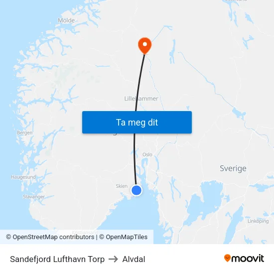 Sandefjord Lufthavn Torp to Alvdal map