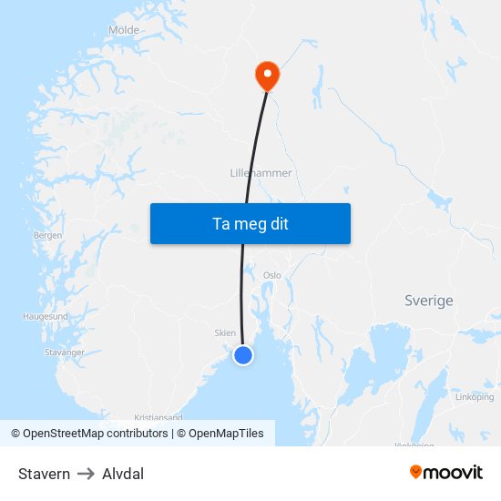 Stavern to Alvdal map