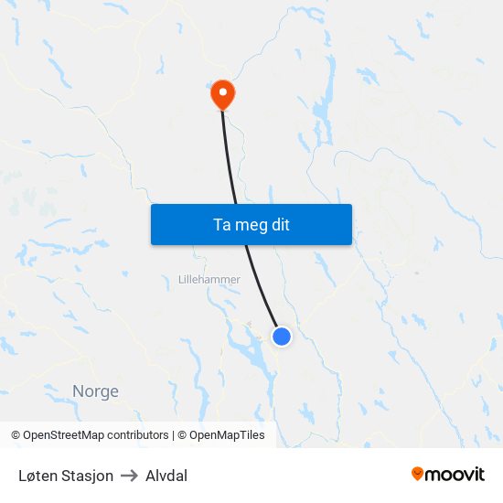 Løten Stasjon to Alvdal map
