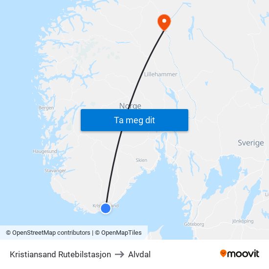 Kristiansand Rutebilstasjon to Alvdal map