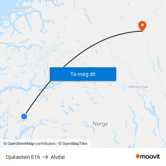 Djukastein E16 to Alvdal map