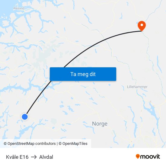 Kvåle E16 to Alvdal map