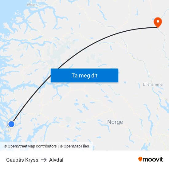 Gaupås Kryss to Alvdal map