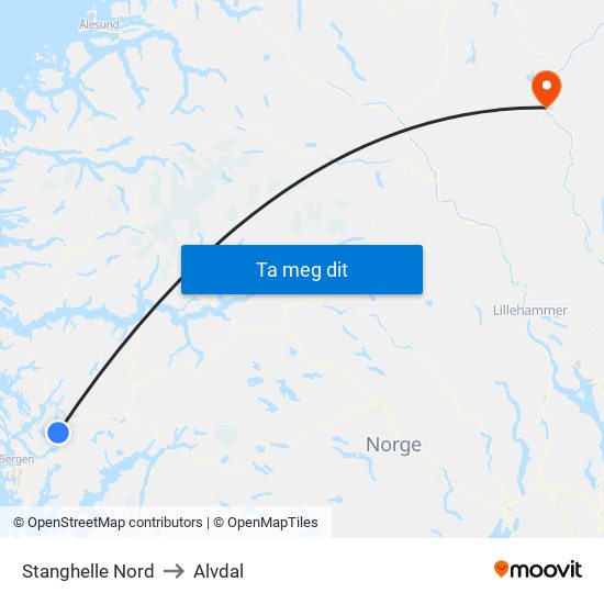 Stanghelle Nord to Alvdal map