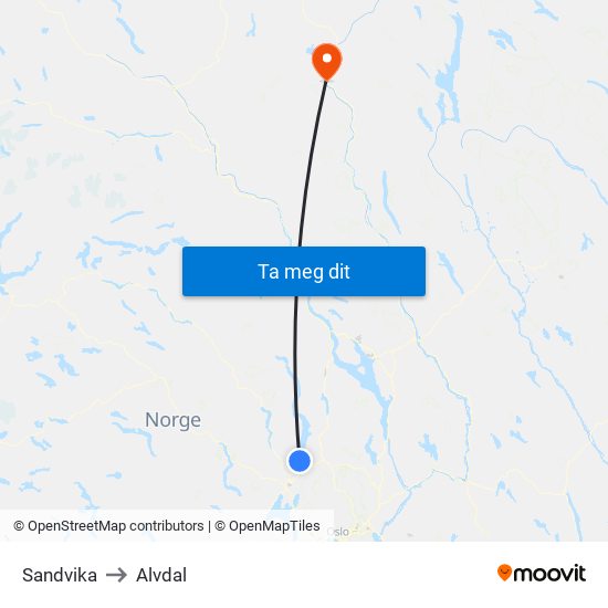 Sandvika to Alvdal map